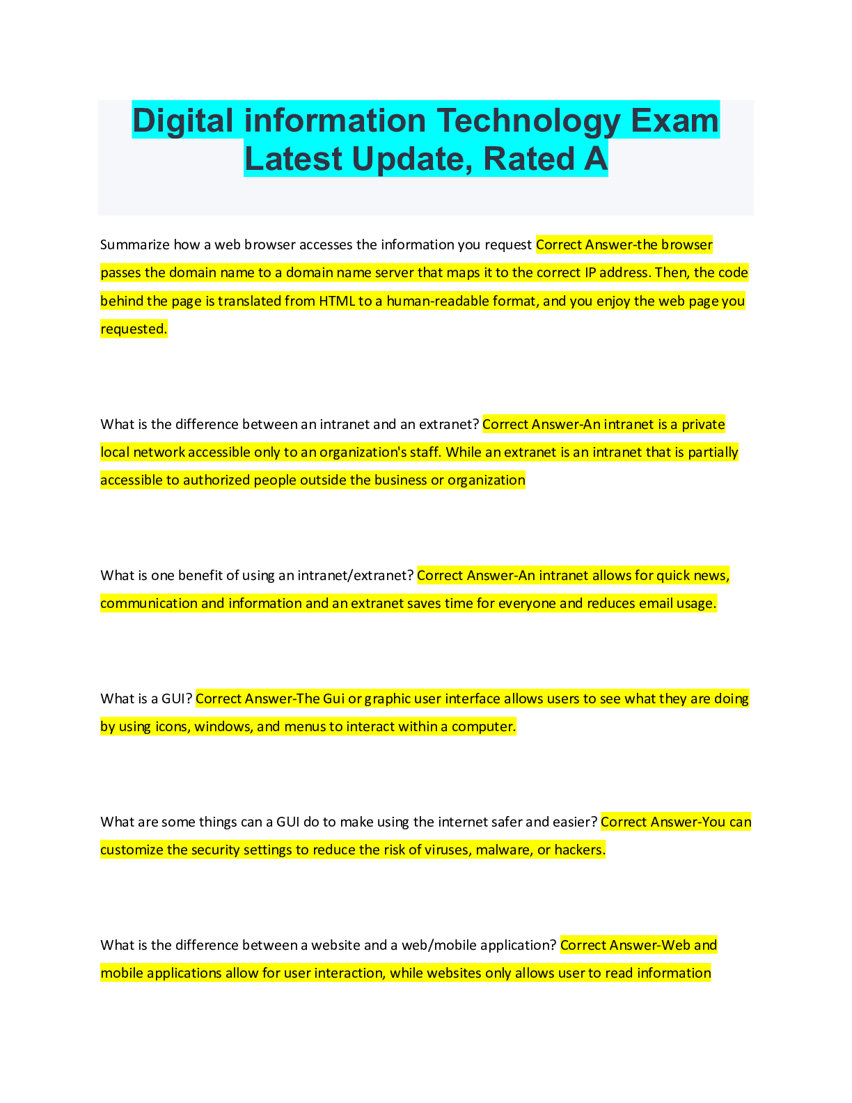 Preview image of Digital information Technology Exam Latest Update, Rated A document